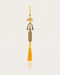 Brass bell with five emperor coins, yellow tassel