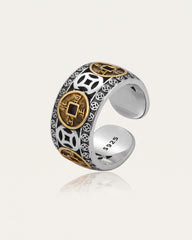 Five emperor coins ring, gold coins on silver band