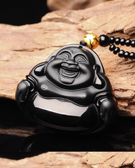 Obsidian Laughing Buddha Necklace