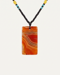 Red Agate Tablet Necklace on black seed bead strand, studio photo