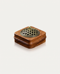 Walnut Incense Burner, Bamboo Ascending, bamboo-weave lid, angled