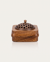 Walnut Incense Burner, Bamboo Ascending, bamboo-weave lid