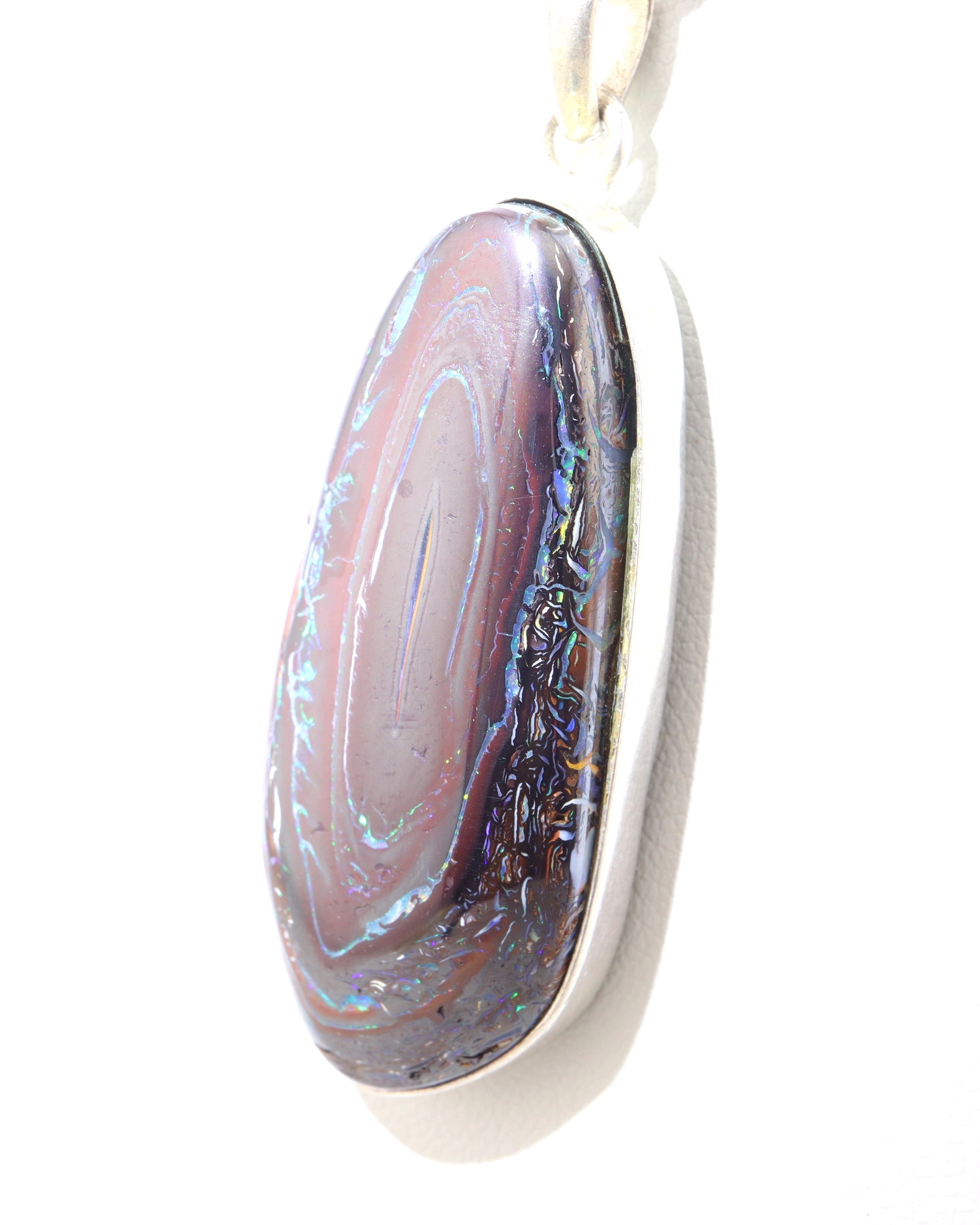 Handmade Australian Boulder Opal Pendant Necklace Sterling Silver Earth Vessel, side view