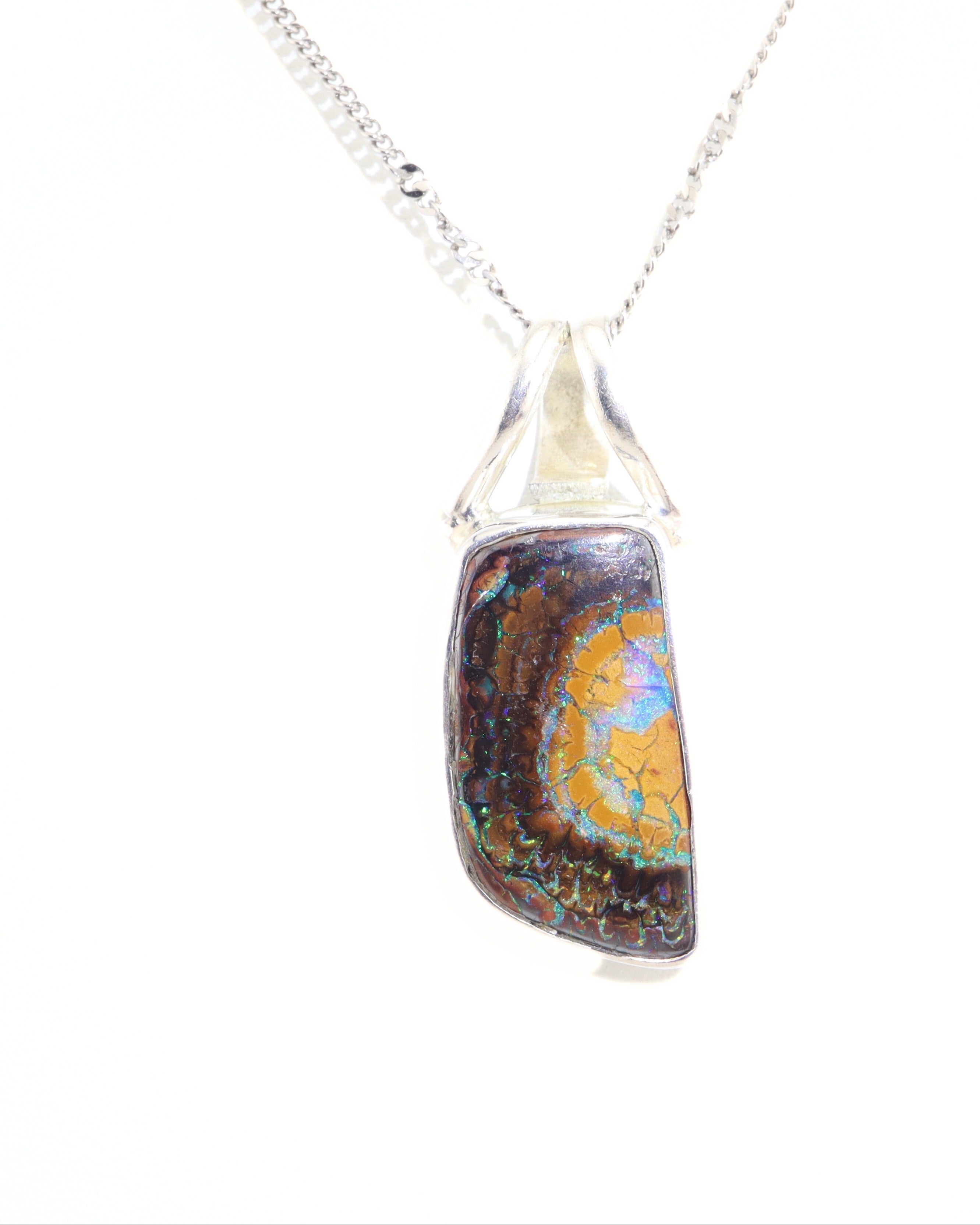 Handmade Australian Boulder Opal Pendant Necklace Sterling Silver Sun Drift