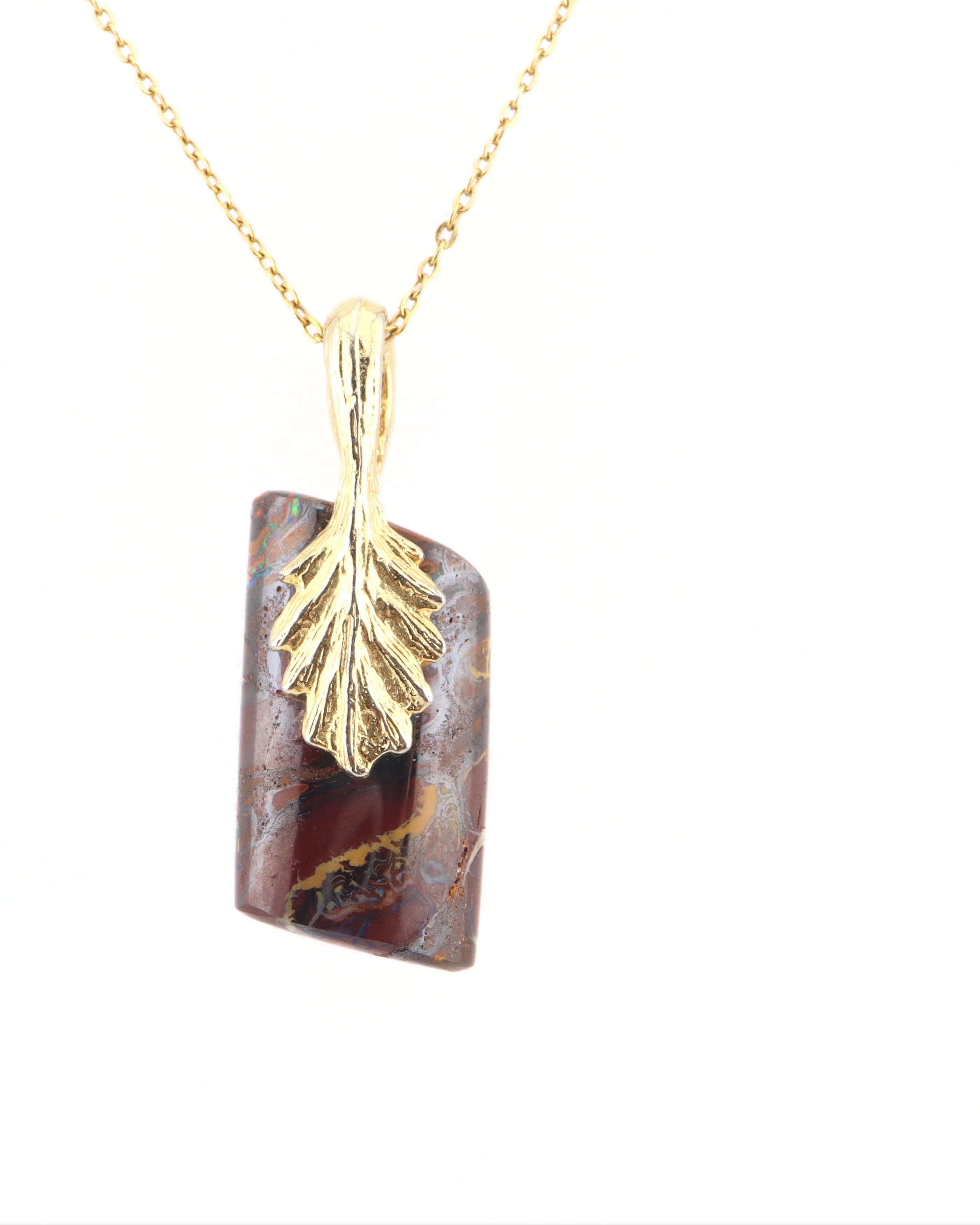 Handmade Australian Boulder Opal Pendant Necklace Sterling Silver Golden Drift Pillar, detail view