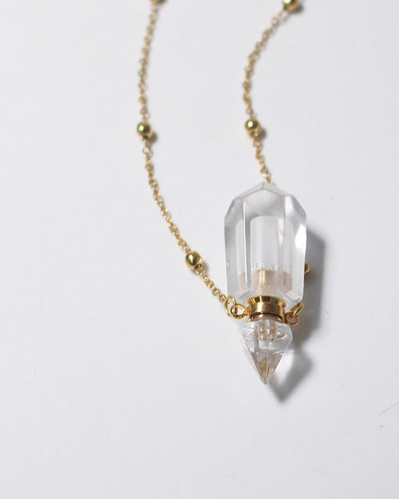 Clear Quartz Crystal Potion Bottle Necklace with Gold Chain, detail view