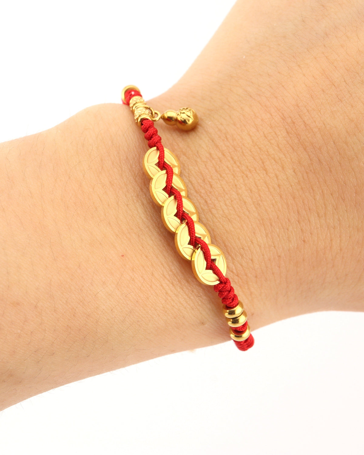Five Emperors Coin with Hulu Red String Bracelet, additional angle