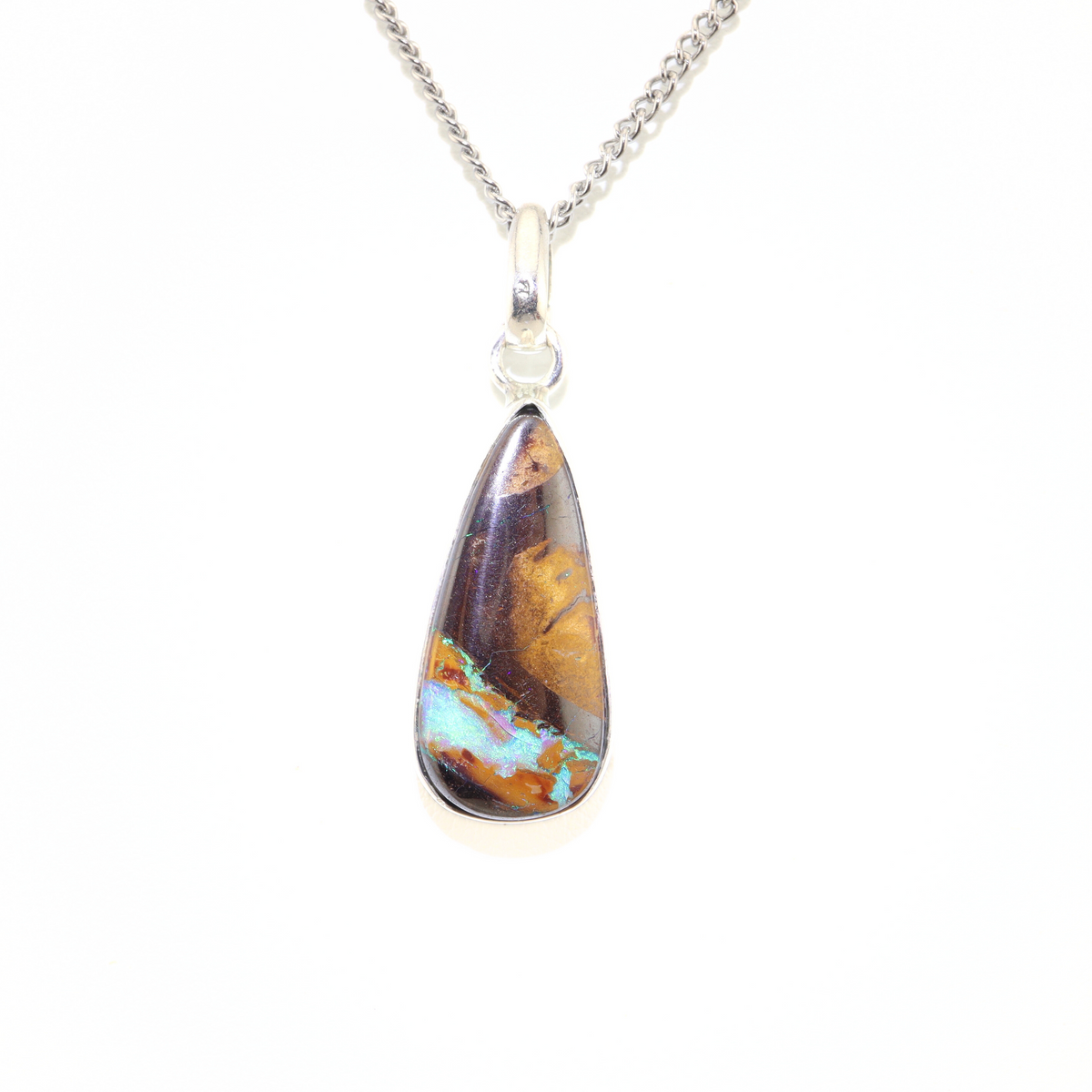 Handmade Australian Boulder Opal Pendant Necklace Sterling Silver Teardrop cabochon
