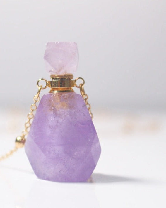 Amethyst Crystal Potion Bottle Necklace with Gold Chain, close-up detail