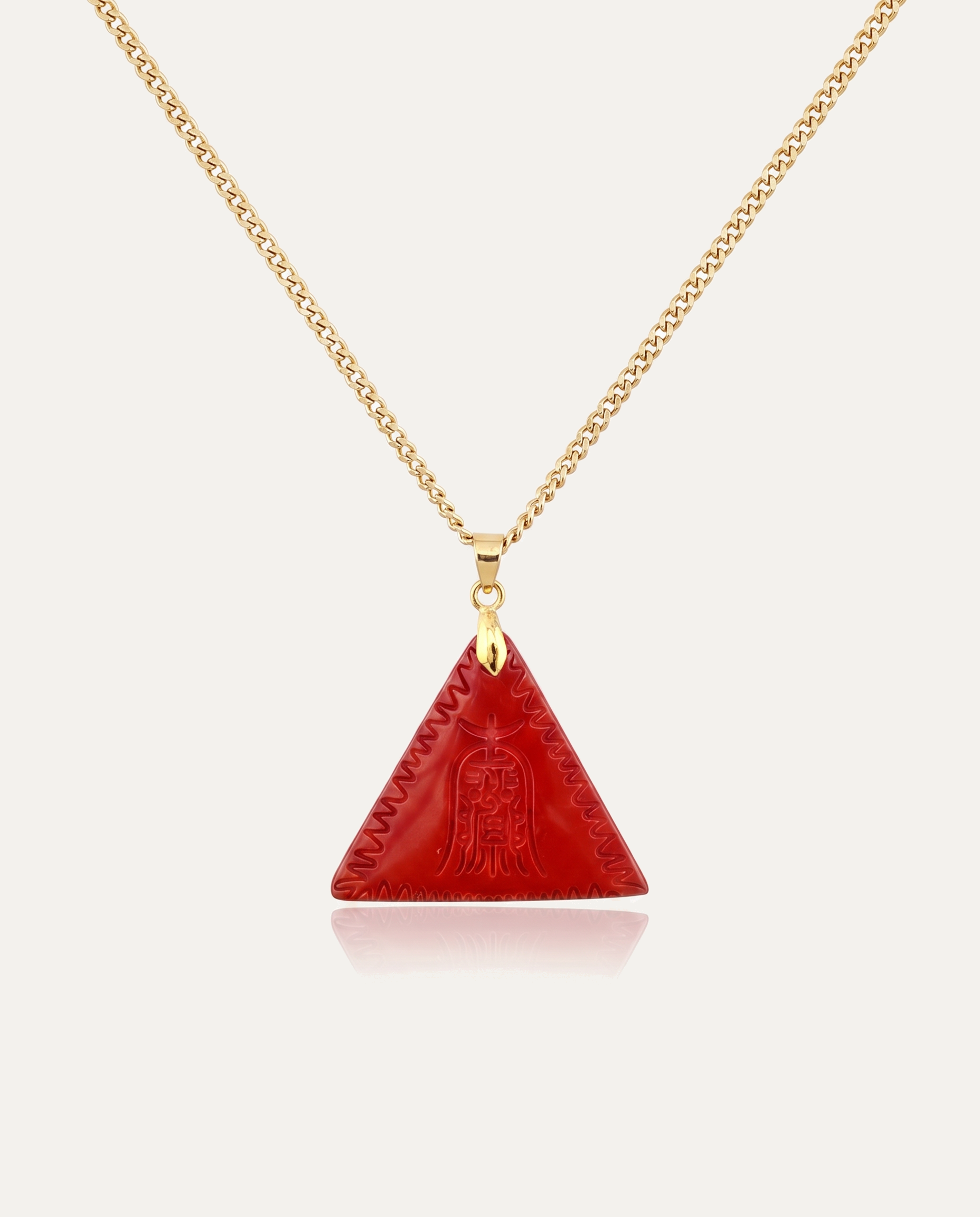 Amitabha triangle cinnabar pendant necklace red gold chain on ivory background