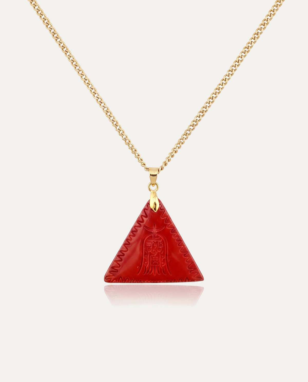 Amitabha triangle cinnabar pendant necklace red gold chain on ivory background