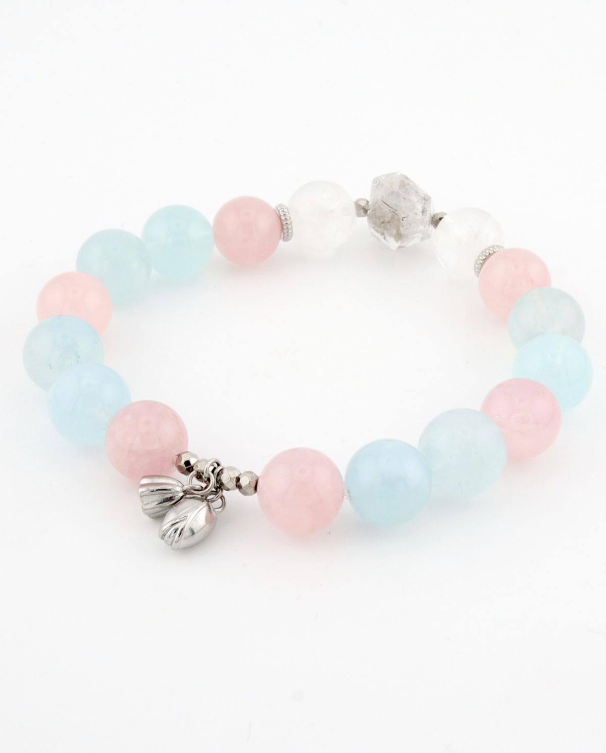 Aquamarine and rose quartz crystal bracelet, charm detail