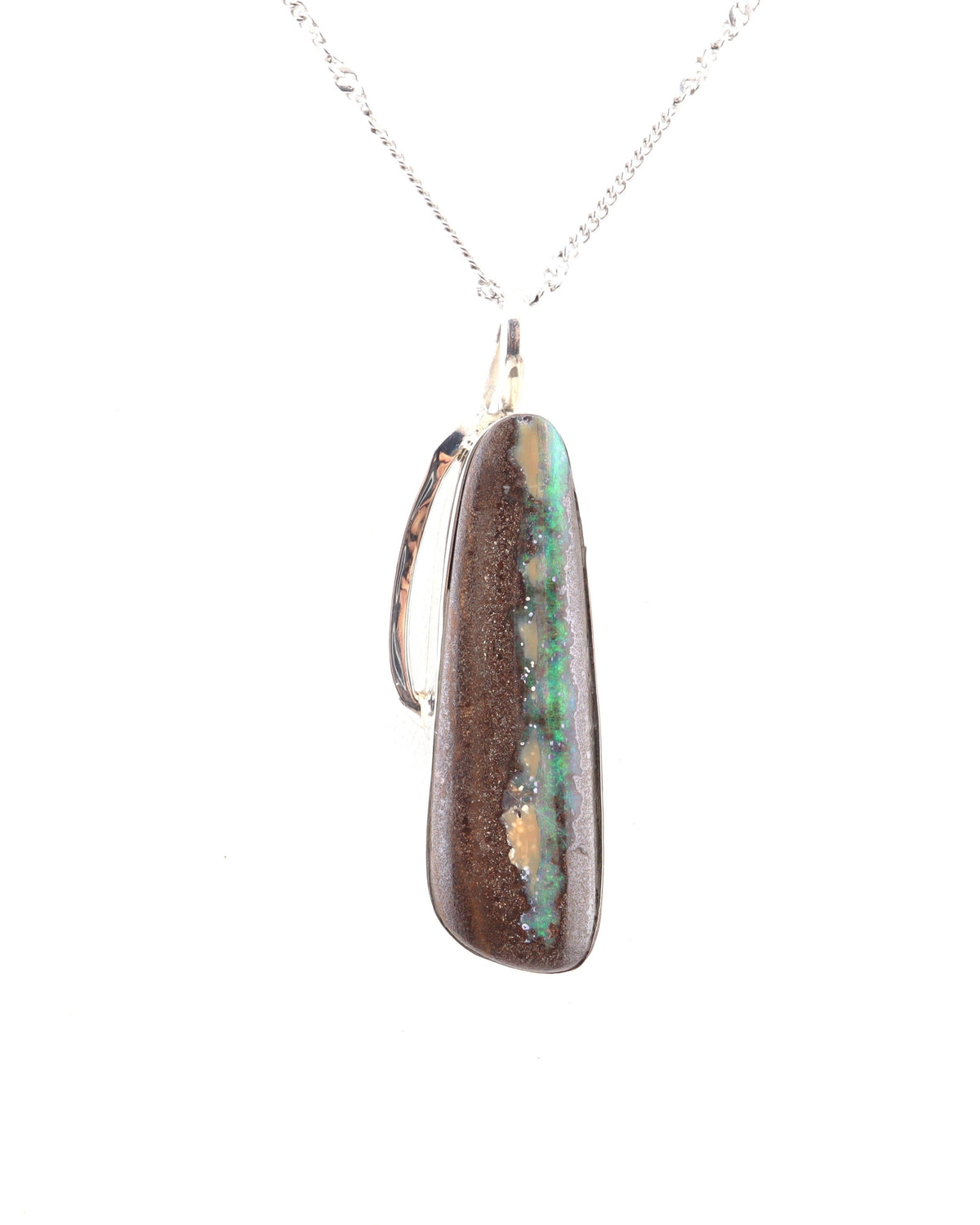 Handmade Australian Boulder Opal Pendant Necklace Sterling Silver Light Pillar