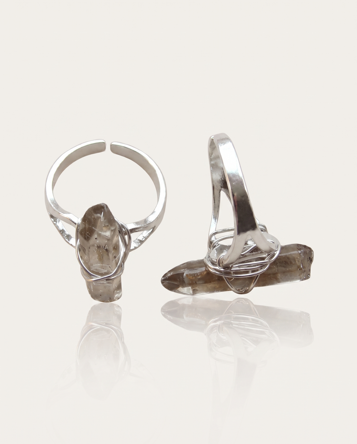 Smoky quartz point rings, silver-plated