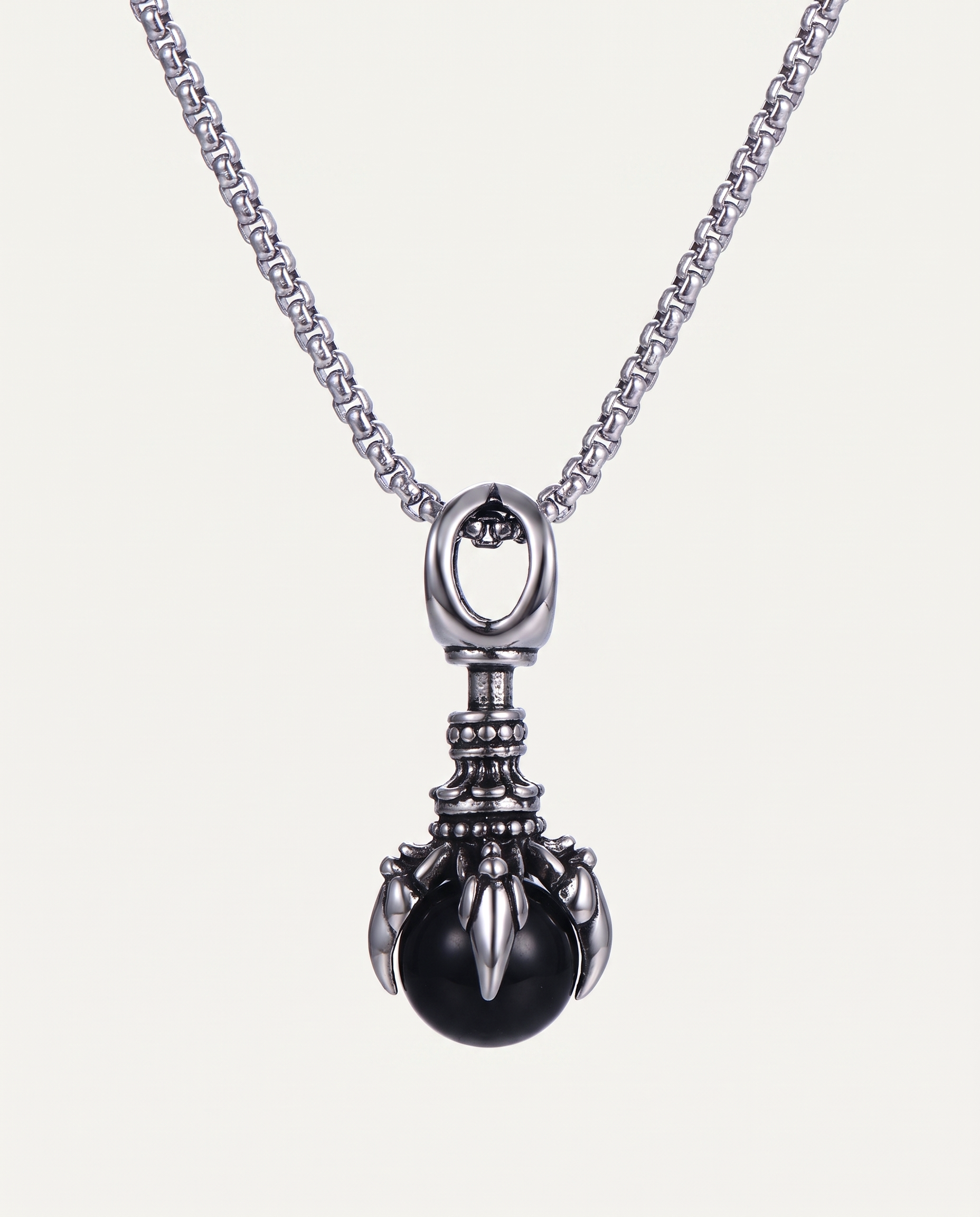 Dragon Claw Steel Necklace, black glass bead, on box chain