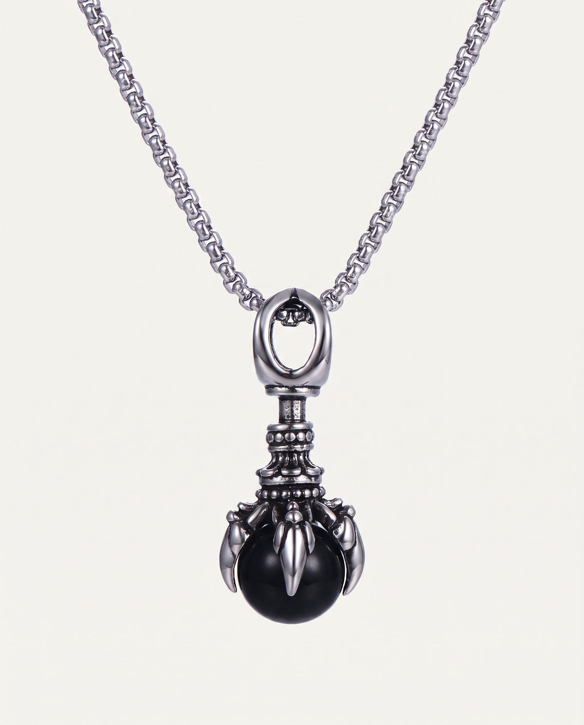 Dragon Claw Steel Necklace, black glass bead, on box chain