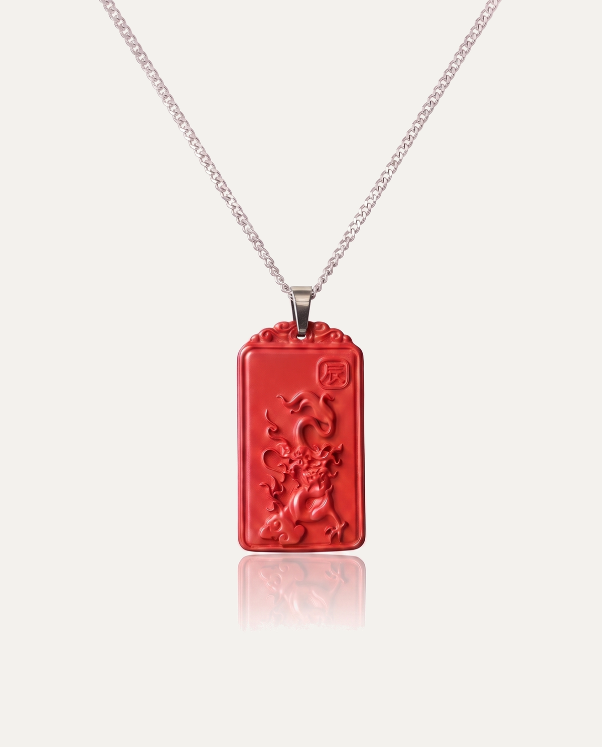 Dragon zodiac cinnabar pendant necklace silver chain on ivory background