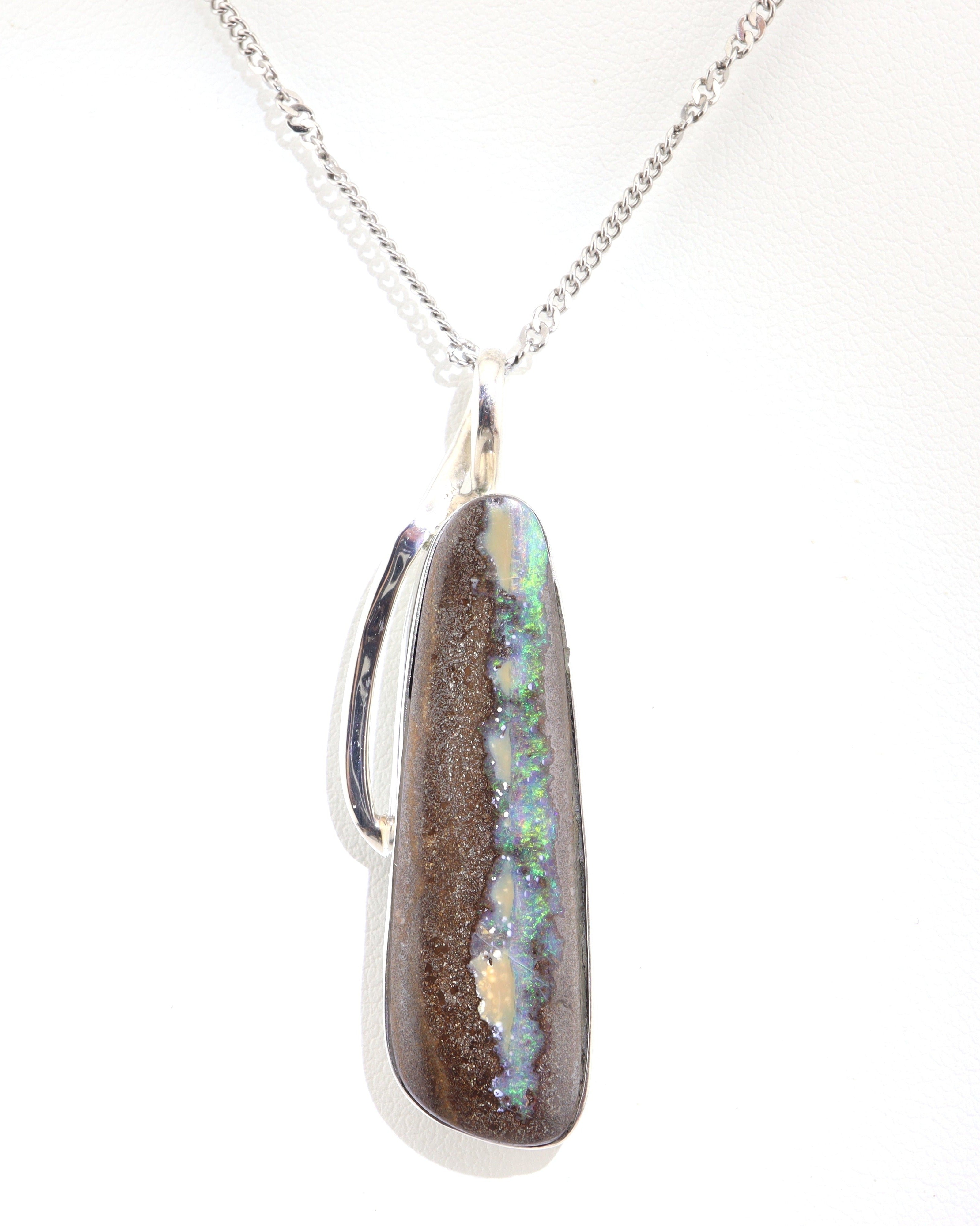 Handmade Australian Boulder Opal Pendant Necklace Sterling Silver Light Pillar, detail view