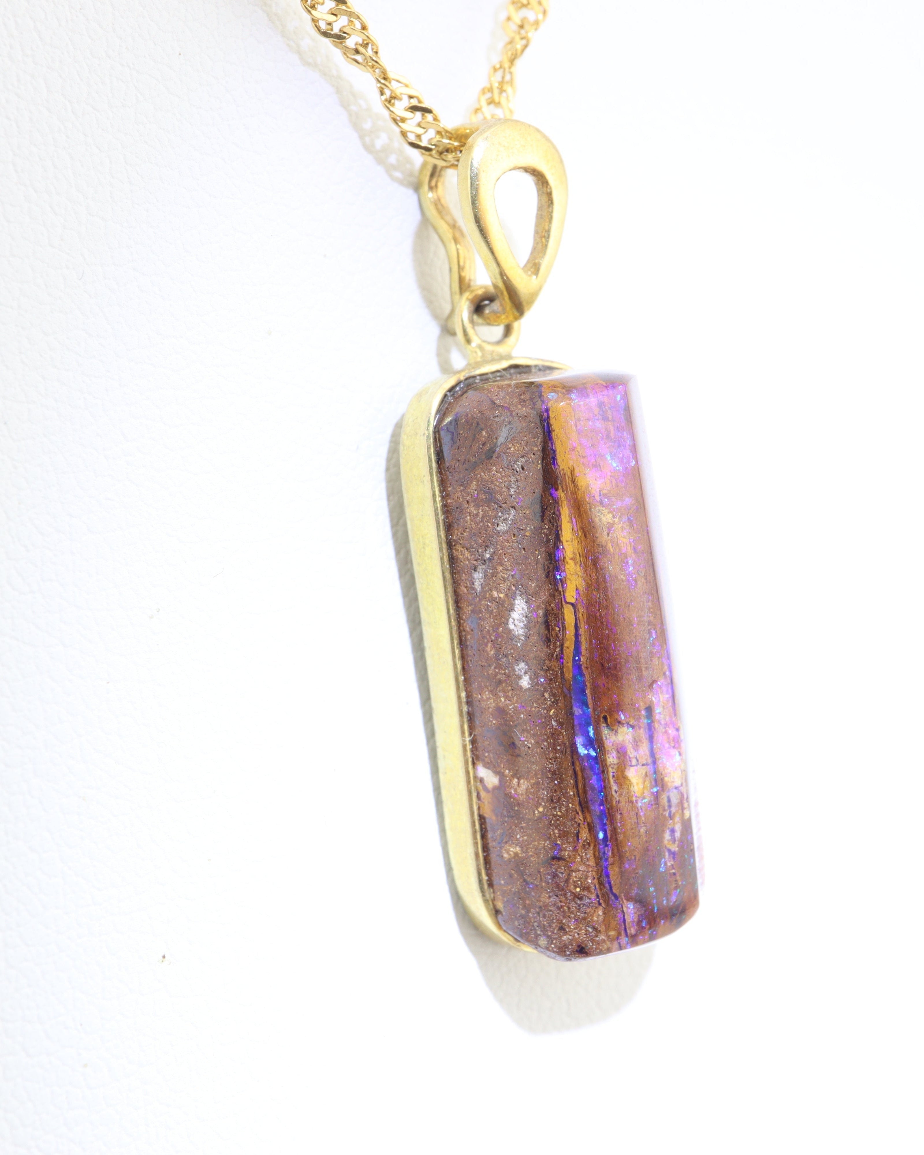 Handmade Australian Boulder Opal Pendant Necklace Sterling Silver Golden Column, detail view