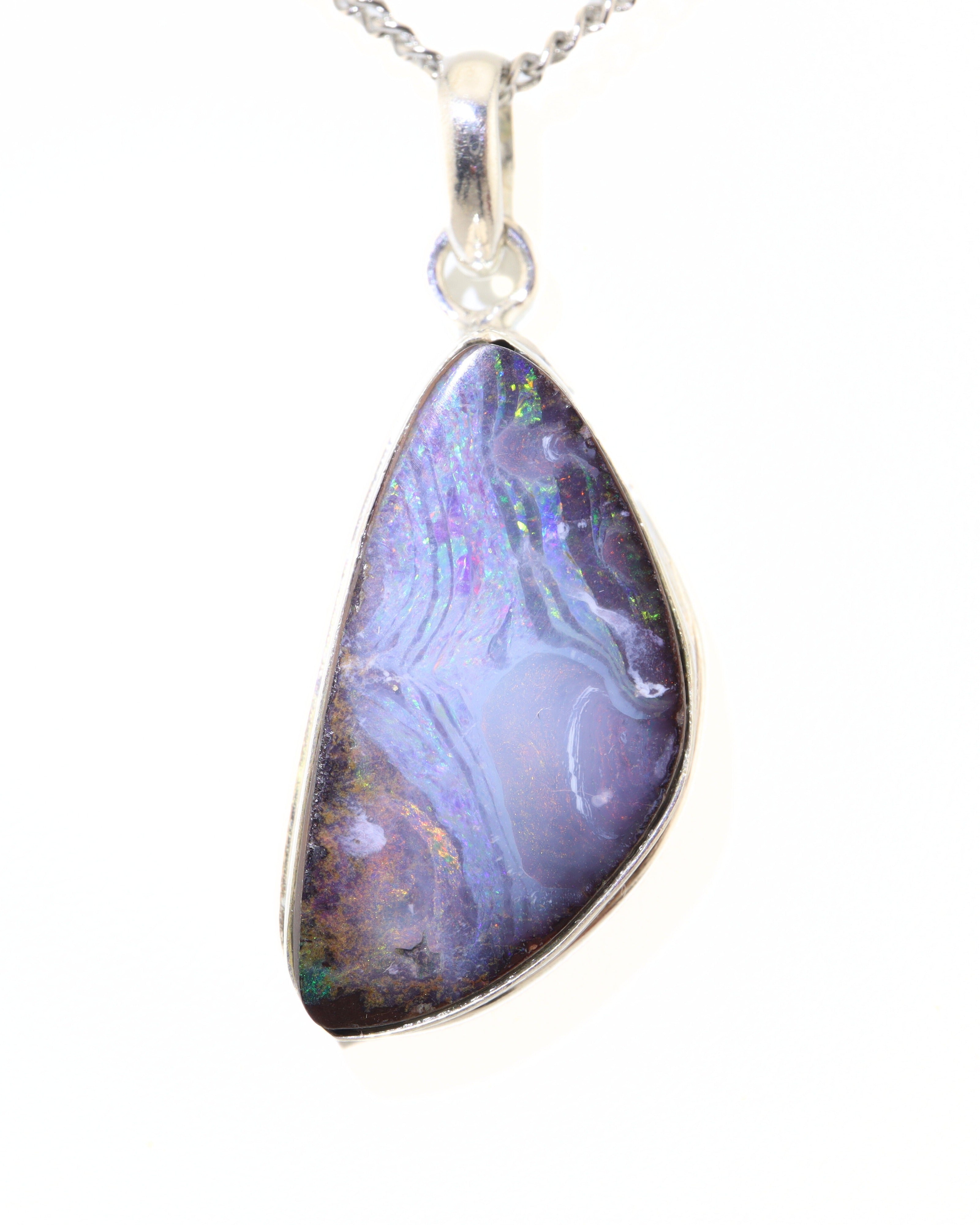 Handmade Australian Boulder Opal Pendant Necklace Sterling Silver River Flame, alternate view