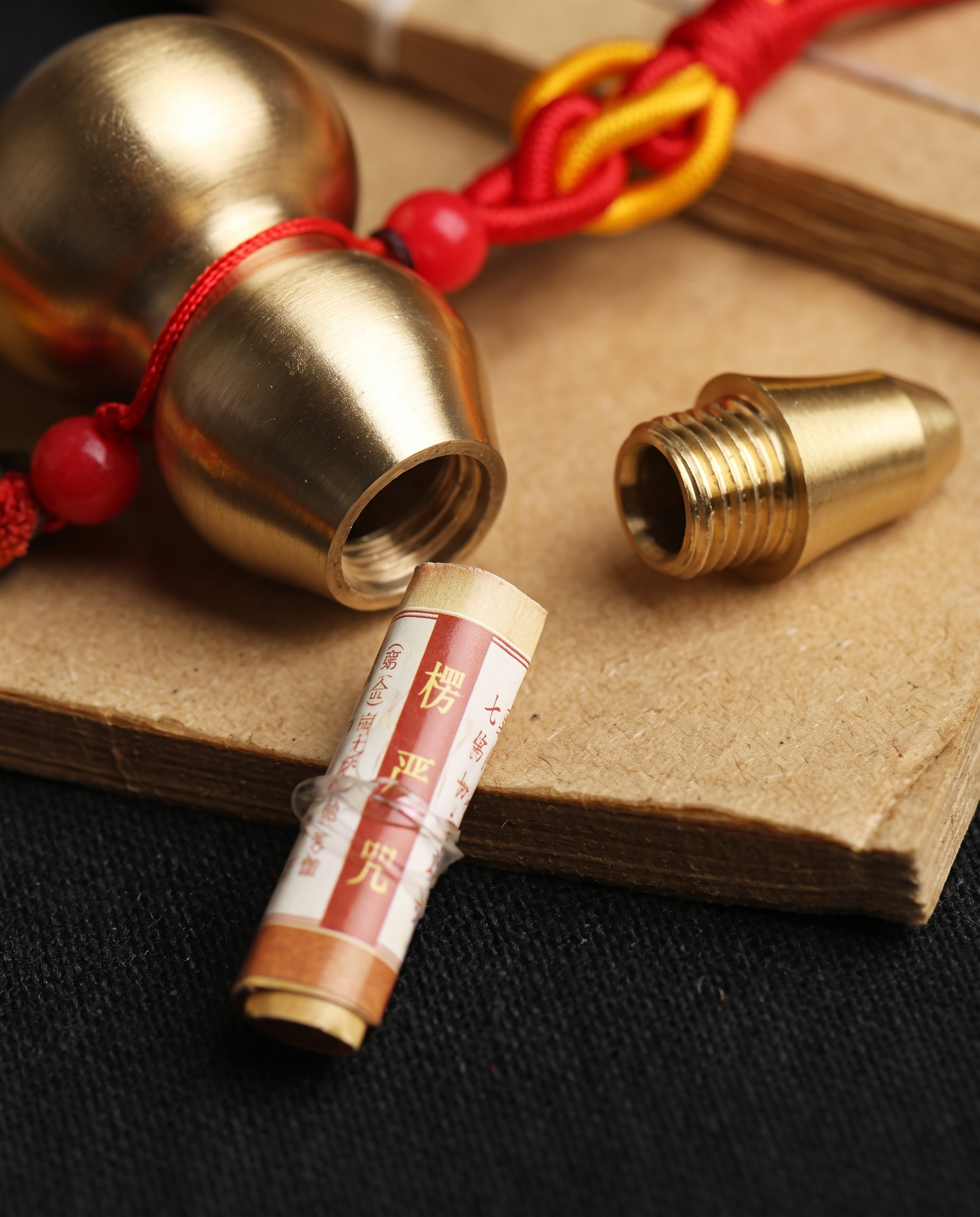 Brass hulu open, with the rolled mantra inside