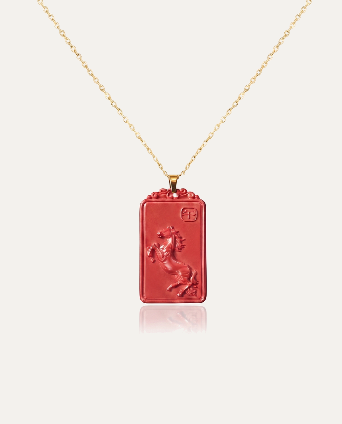 Horse zodiac cinnabar pendant necklace gold chain on ivory background