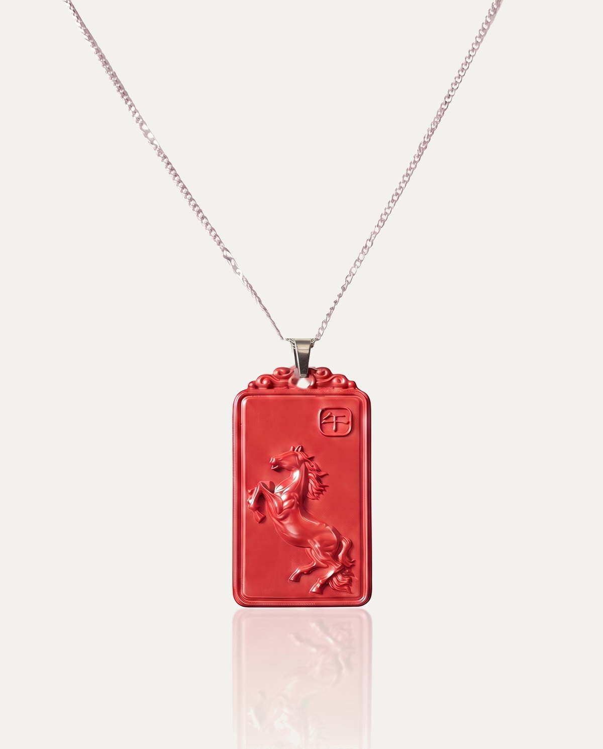 Horse zodiac cinnabar pendant necklace silver chain on ivory background