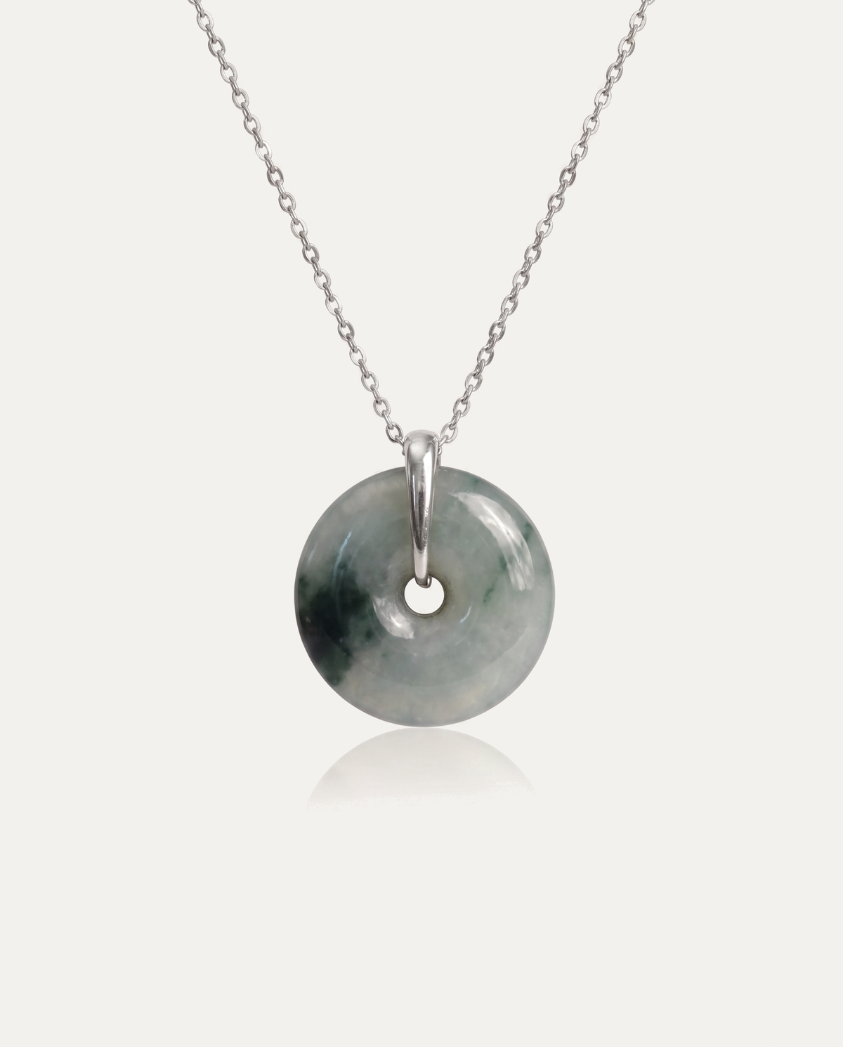 Dark Jade Bi Disc Necklace with silver chain on ivory background