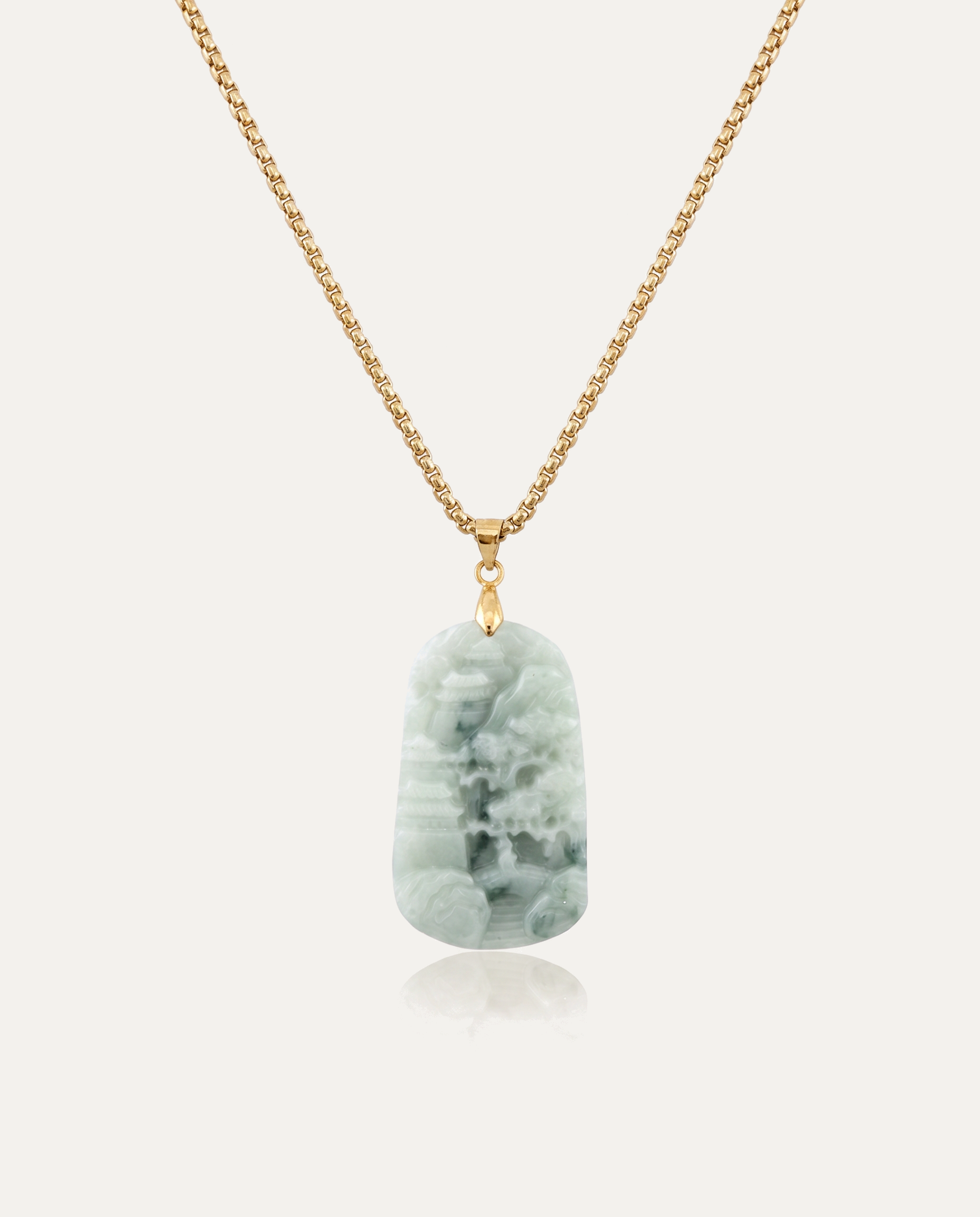 Dark Jade Mountain Pavilion Necklace with gold chain on ivory background