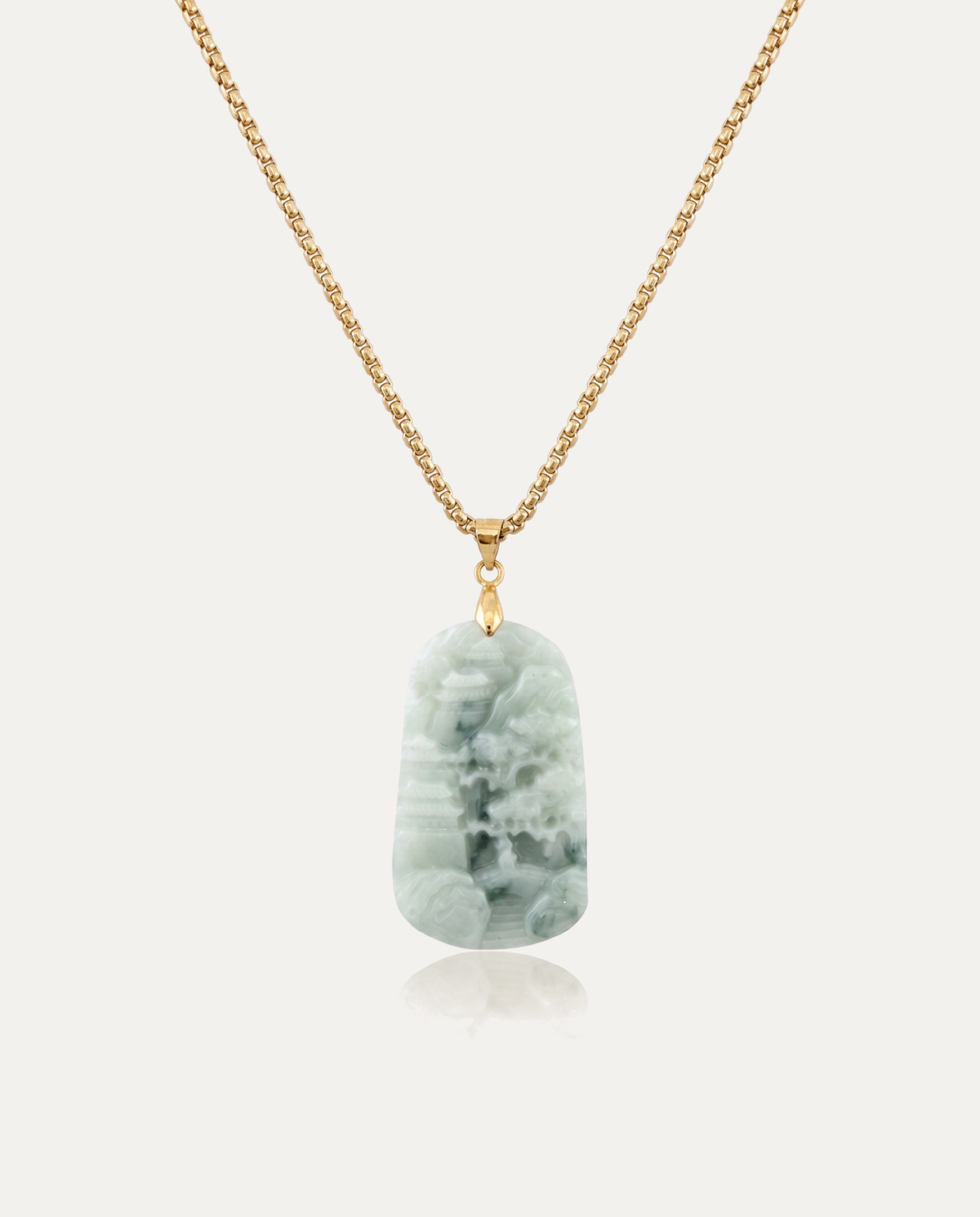 Dark Jade Mountain Pavilion Necklace with gold chain on ivory background