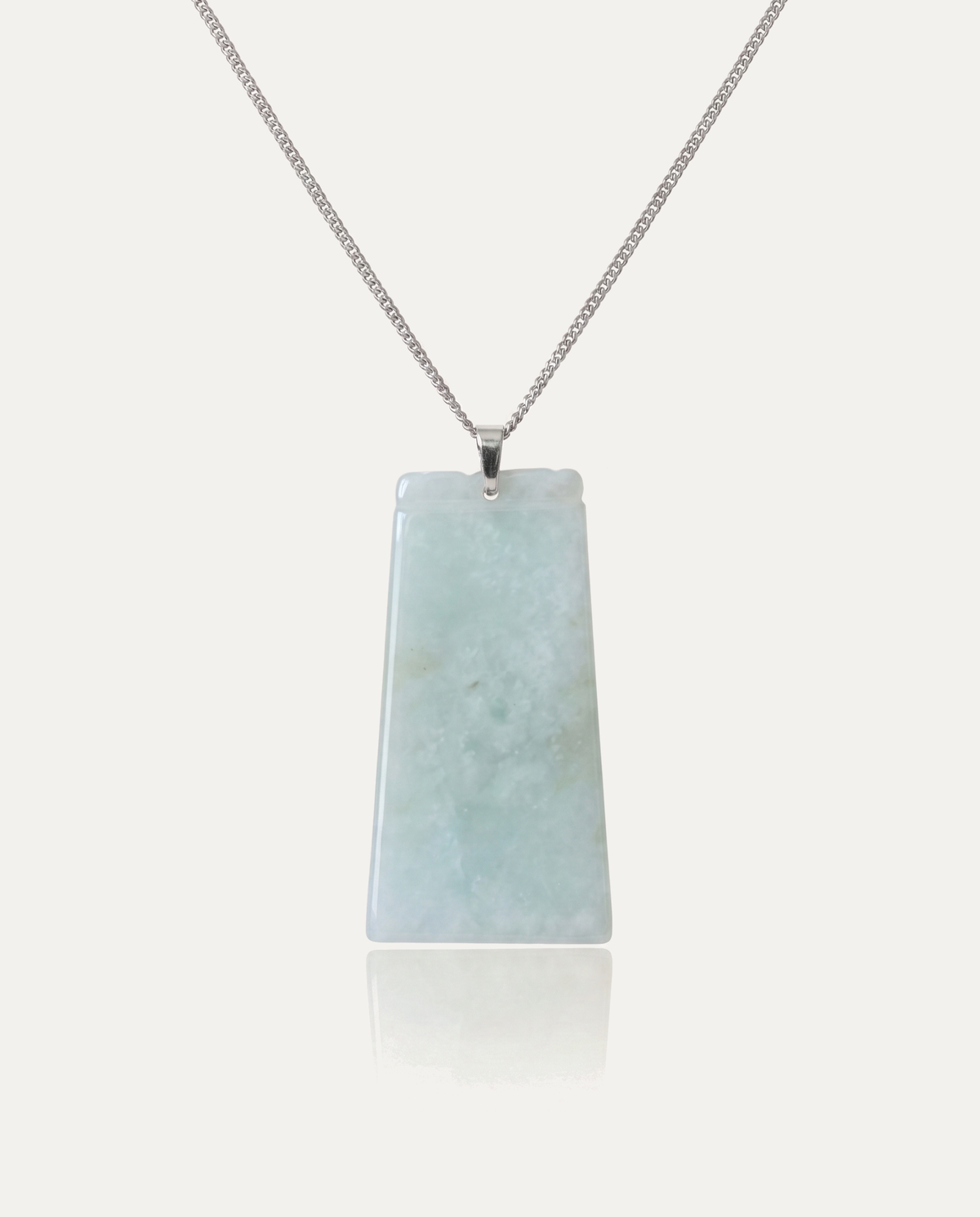 Jade Tablet Necklace with silver chain on ivory background