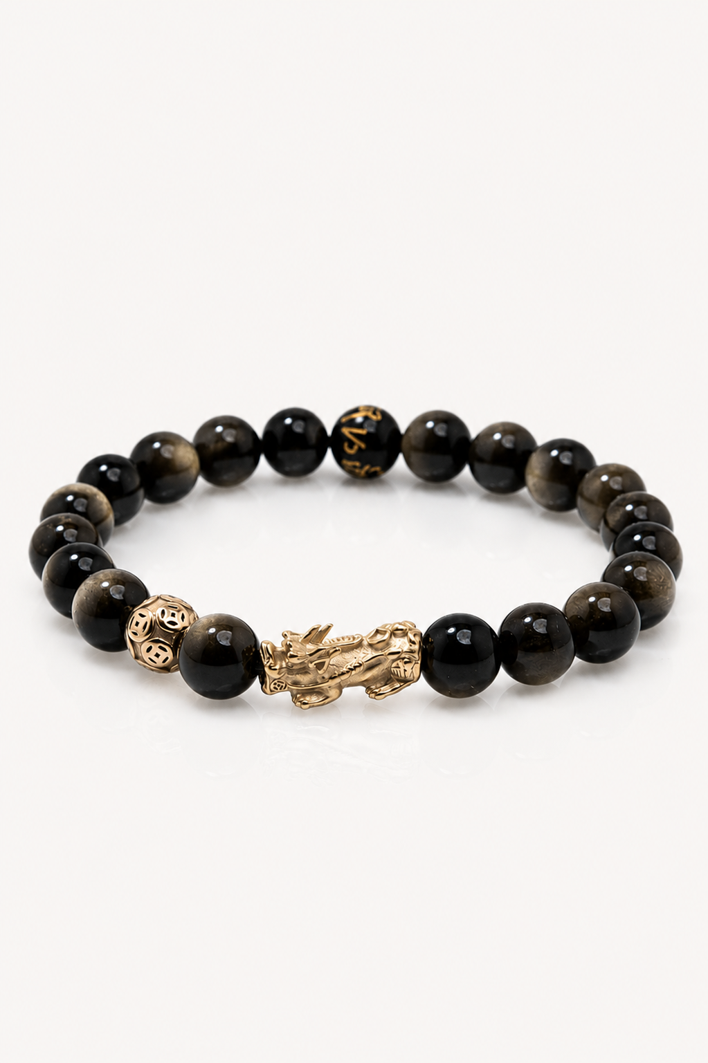 Wealth Charm | Pixiu Dragon Obsidian Bracelet, close-up detail