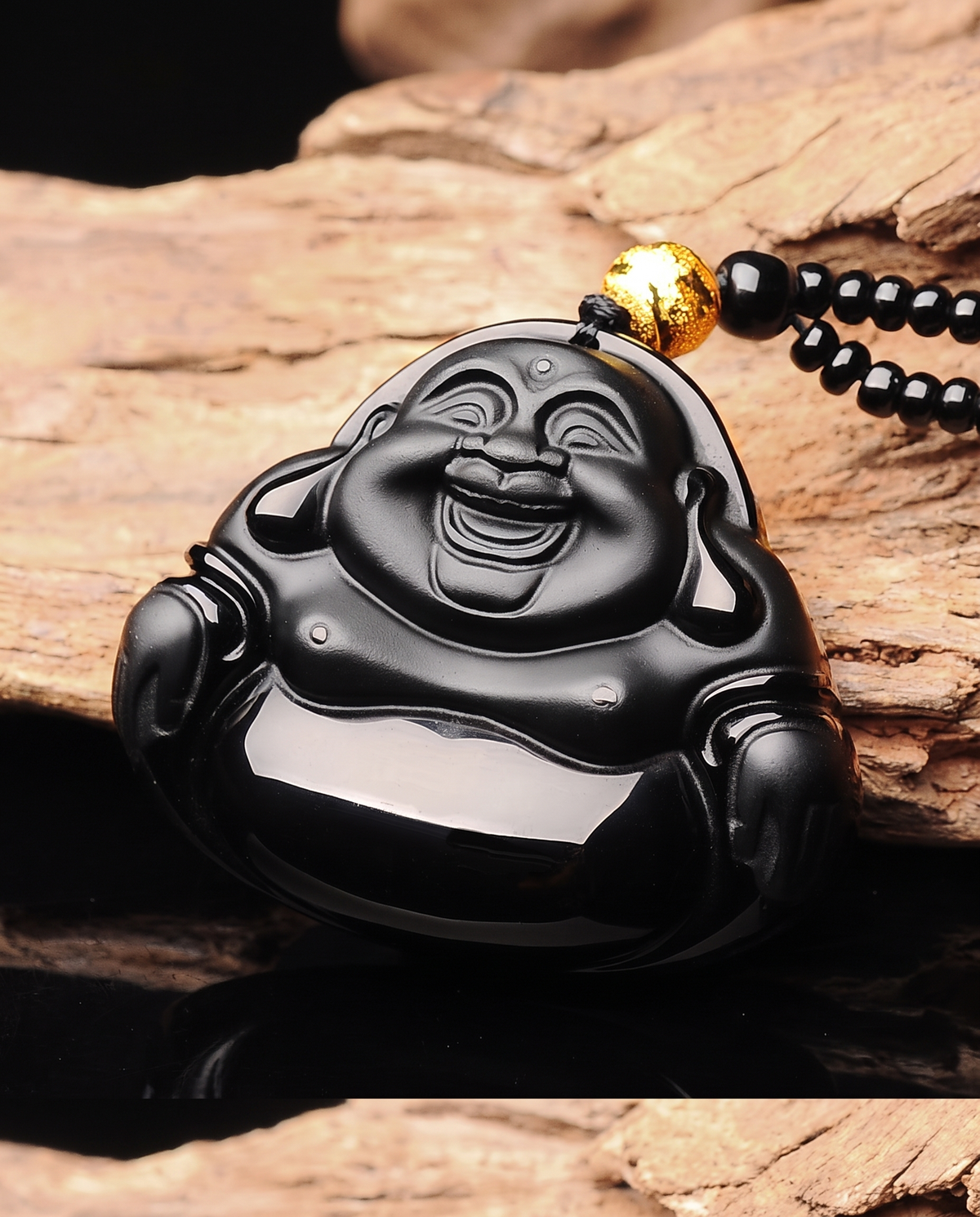 Obsidian Laughing Buddha Necklace