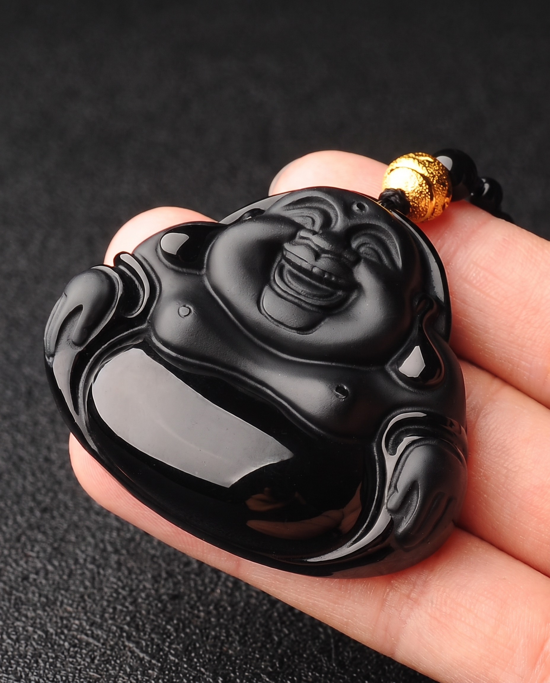 Obsidian Laughing Buddha Necklace
