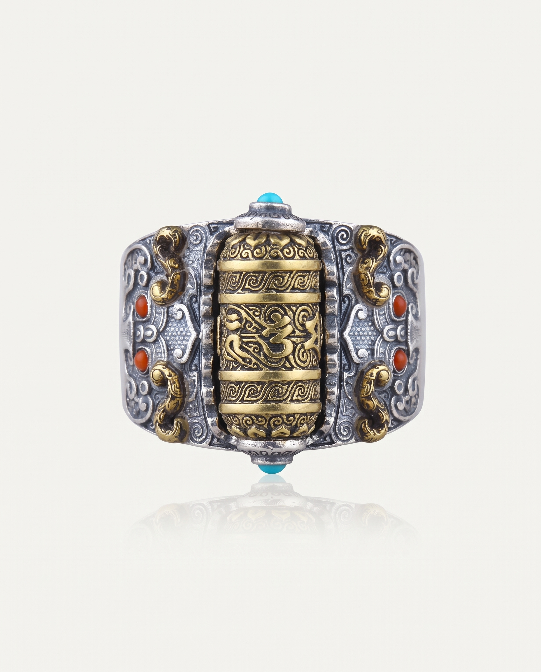 Prayer Wheel Mantra Ring worn on the hand