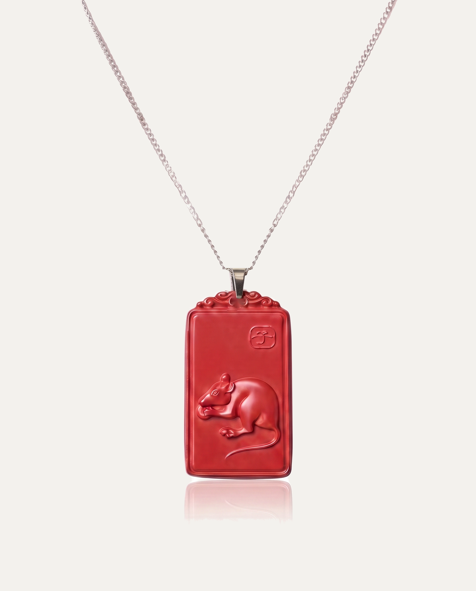 Rat zodiac cinnabar pendant necklace silver chain on ivory background