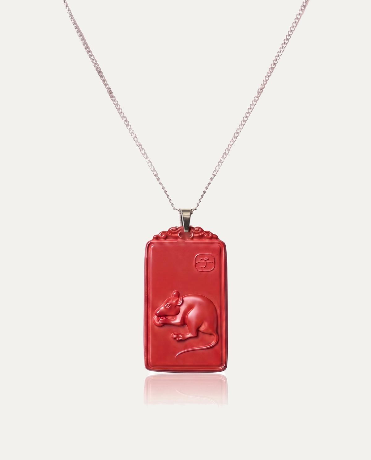 Rat zodiac cinnabar pendant necklace silver chain on ivory background