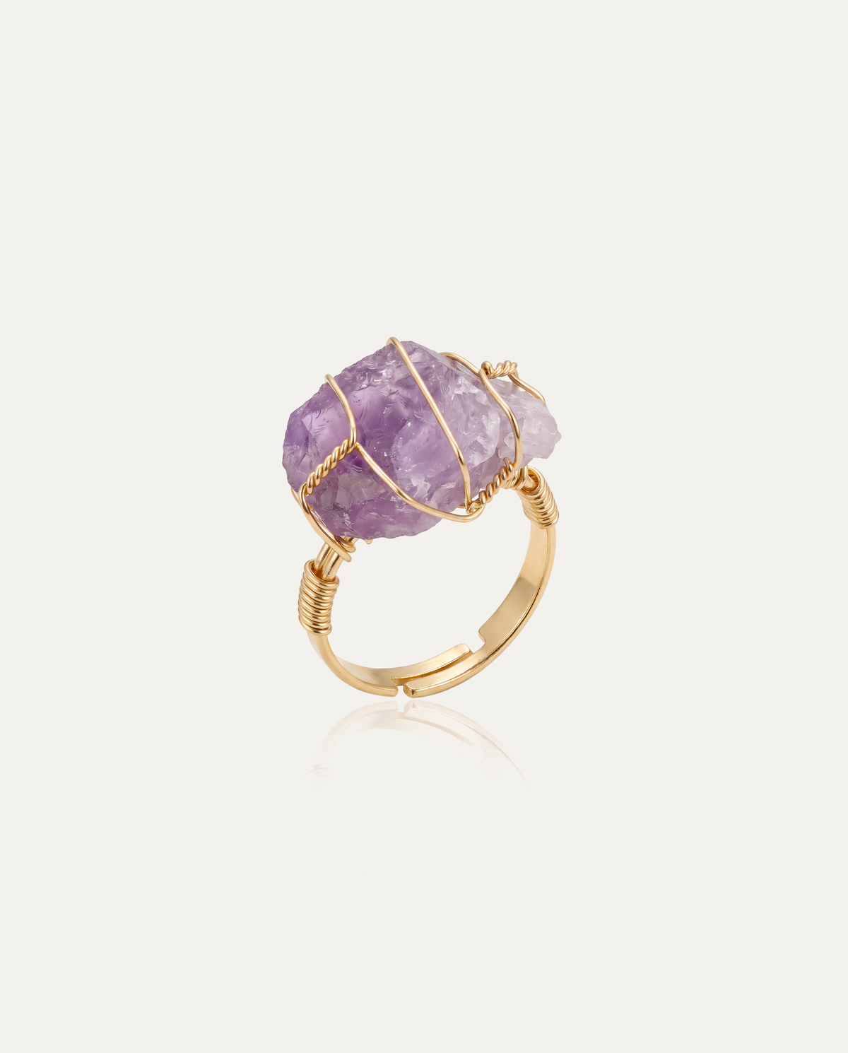 Raw Crystal Wire Ring, amethyst, gold wire adjustable band