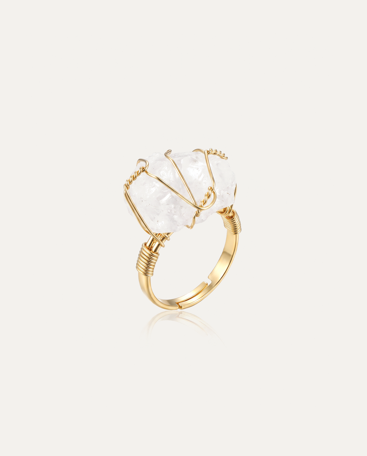 Raw Crystal Wire Ring, clear quartz, gold wire adjustable band