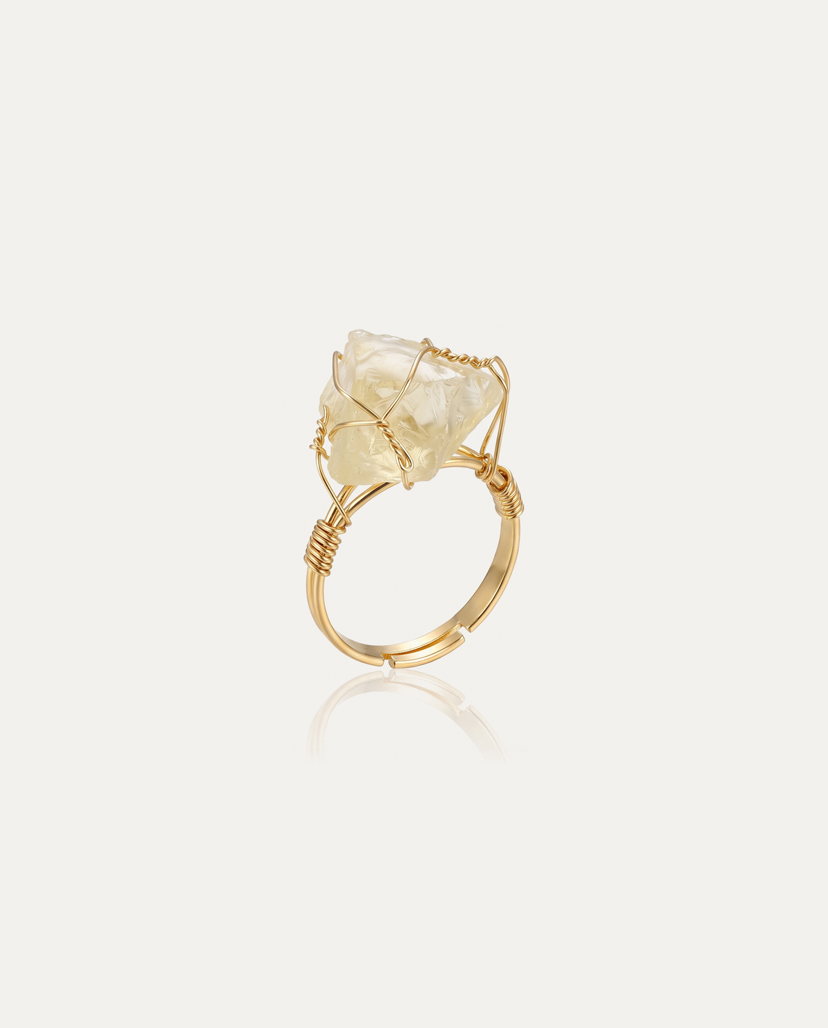 Raw Crystal Wire Ring, lemon quartz, gold wire adjustable band