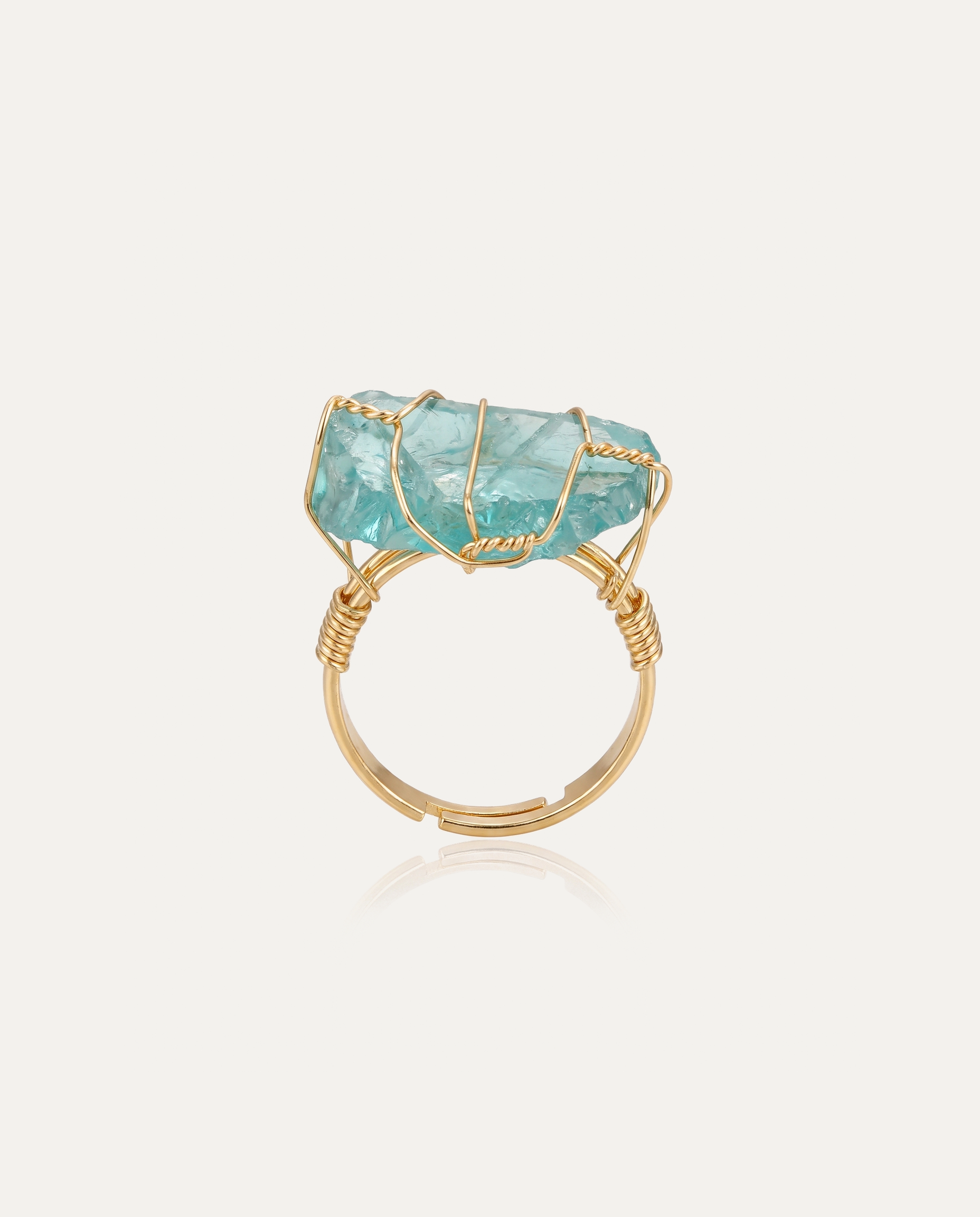 Raw Crystal Wire Ring, blue crystal, gold wire adjustable band