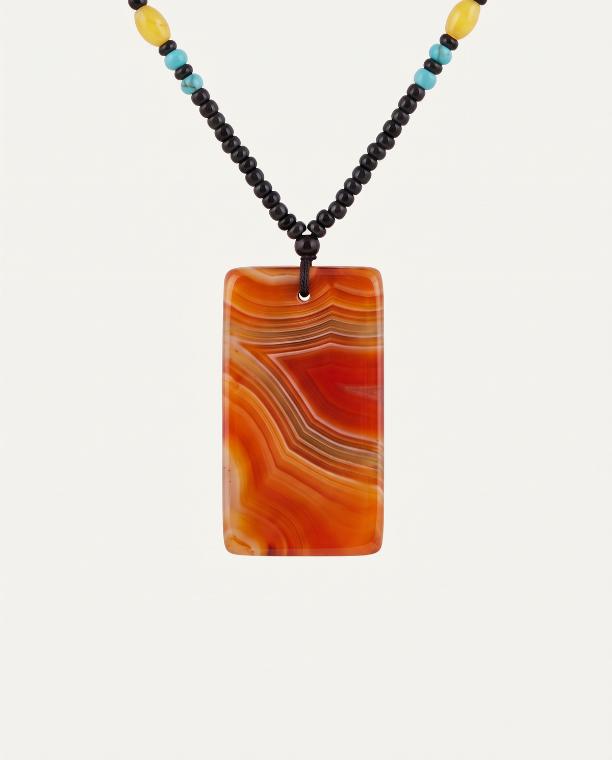Red Agate Tablet Necklace on black seed bead strand, studio photo
