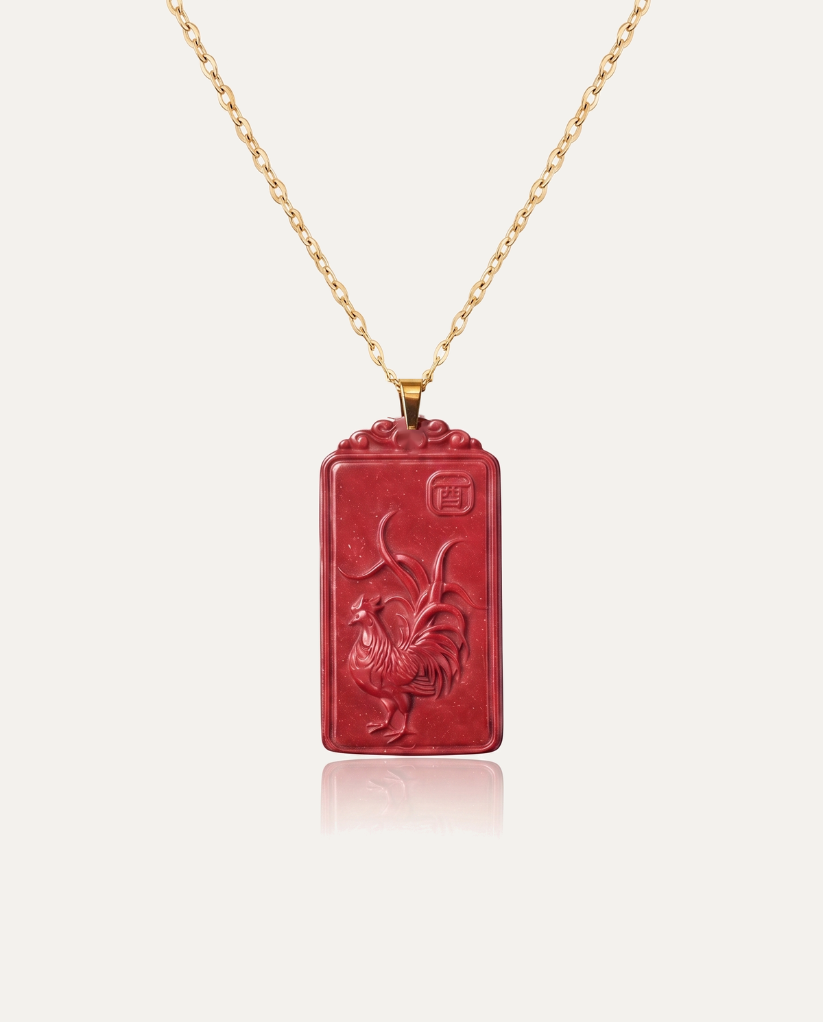 Rooster zodiac cinnabar pendant necklace gold chain on ivory background