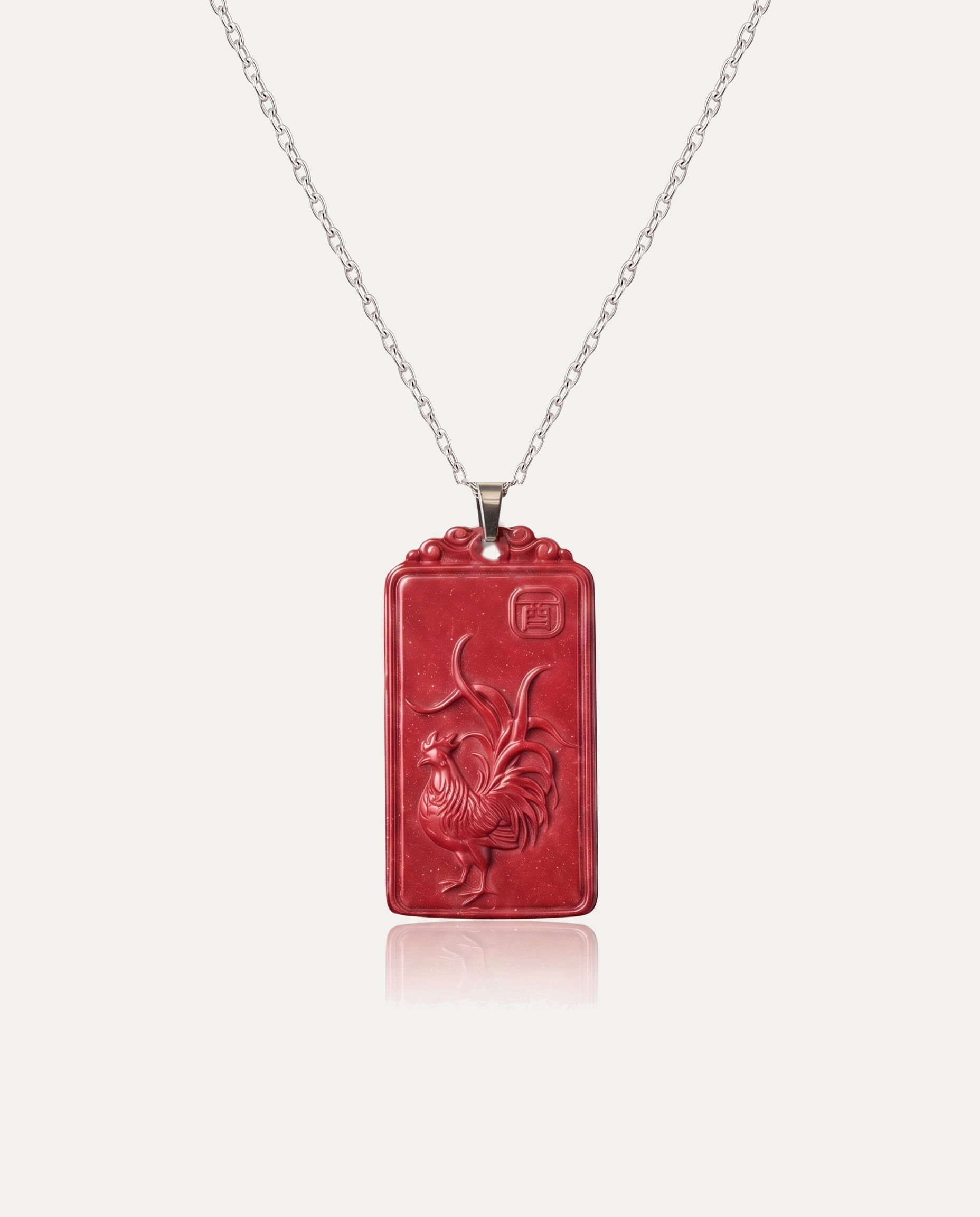 Rooster zodiac cinnabar pendant necklace silver chain on ivory background