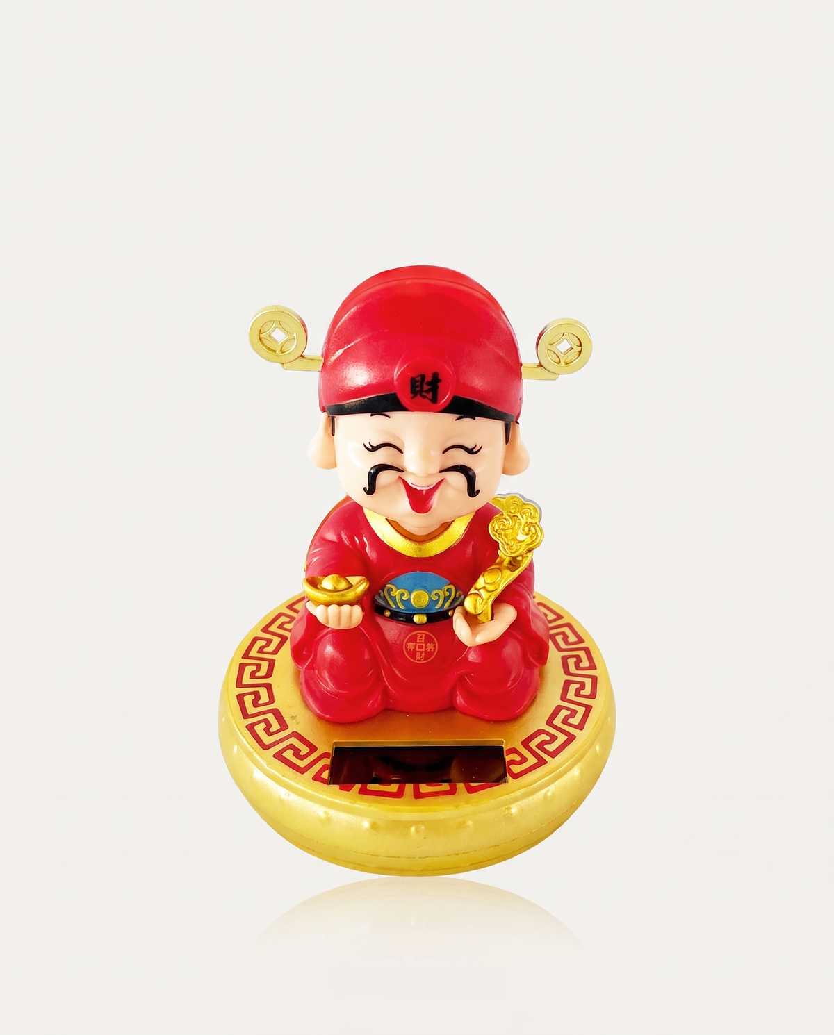 Solar Nodding God of Wealth in red on gold base