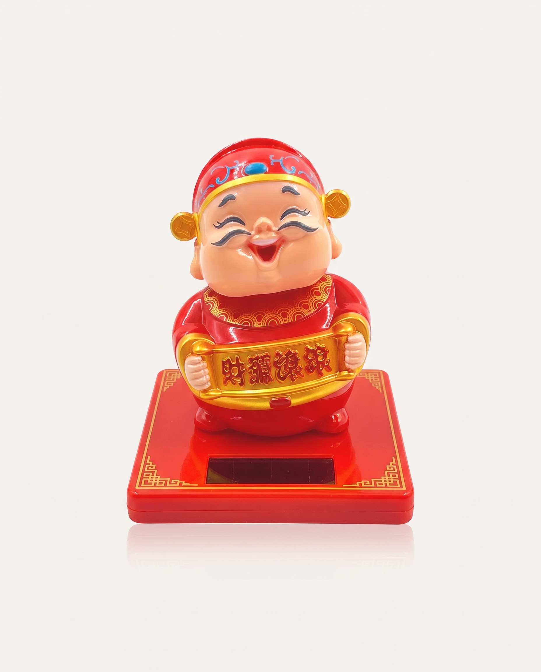 Solar Nodding God of Wealth with wealth scroll on red base