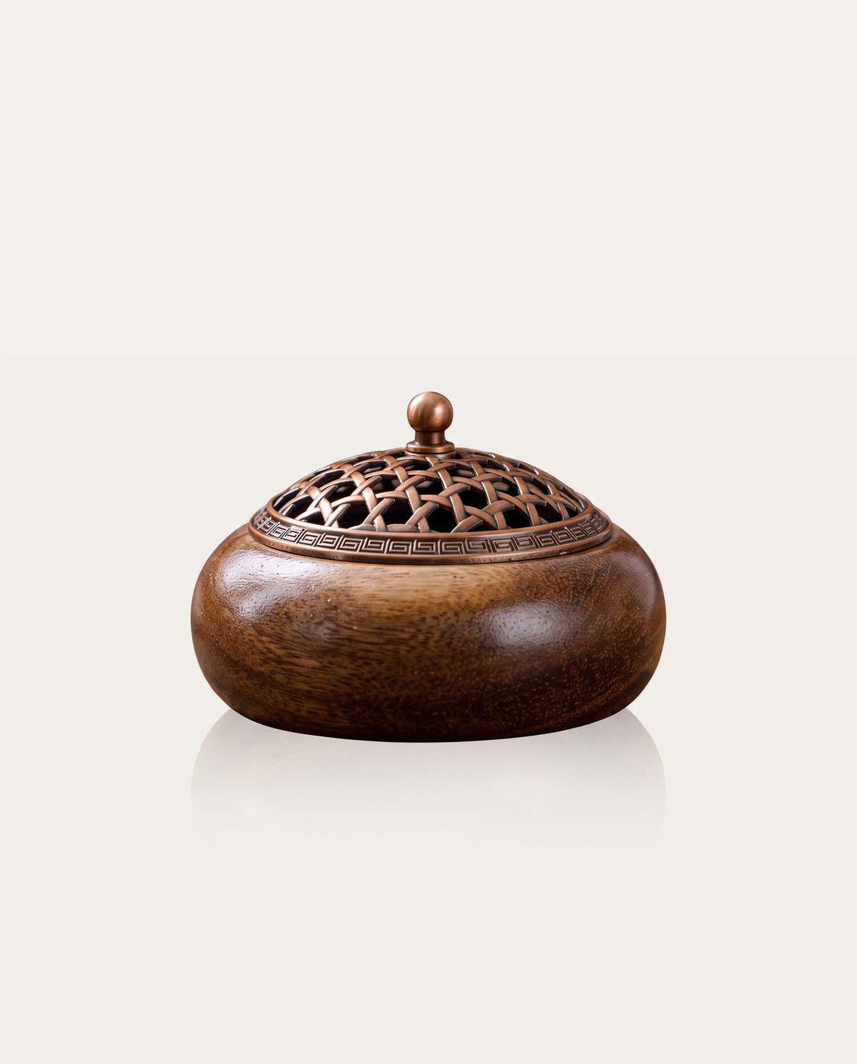 Walnut Incense Burner, Clouds Passing, bamboo-weave lid