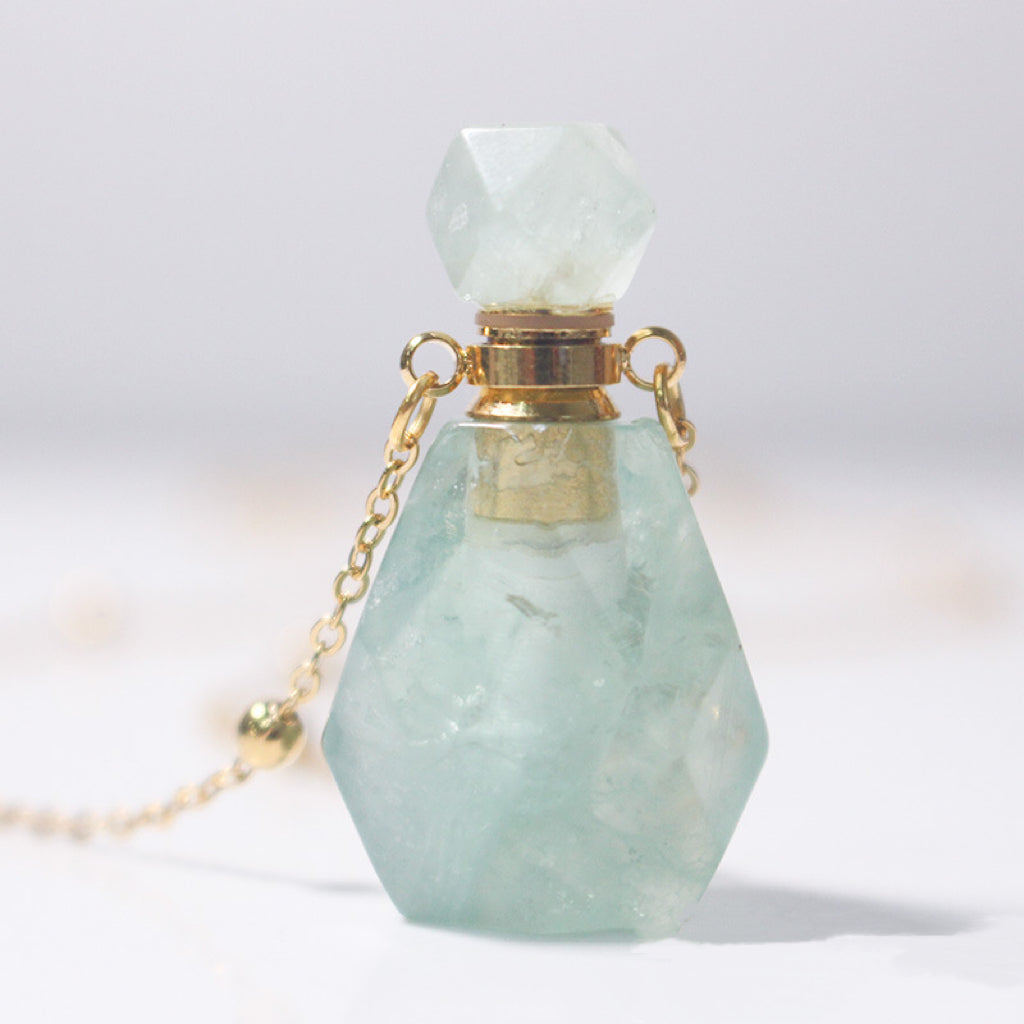 Green Fluorite Crystal Potion Bottle Necklace with Gold Chain, side view