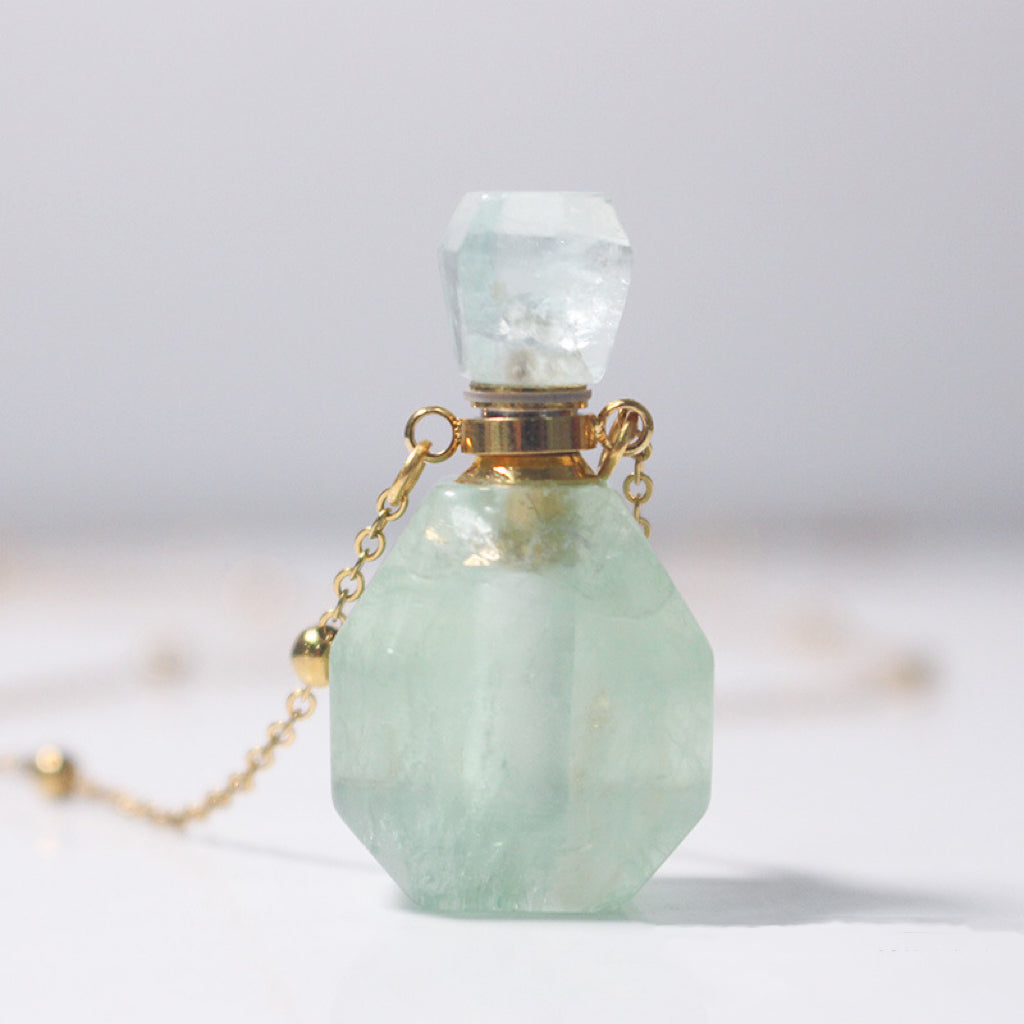 Green Fluorite Crystal Potion Bottle Necklace with Gold Chain, back view