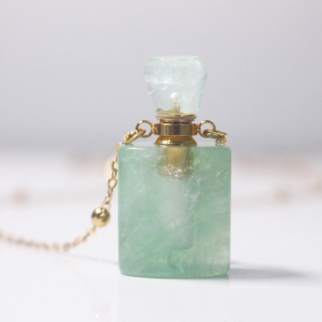 Green Fluorite Crystal Potion Bottle Necklace with Gold Chain, additional angle
